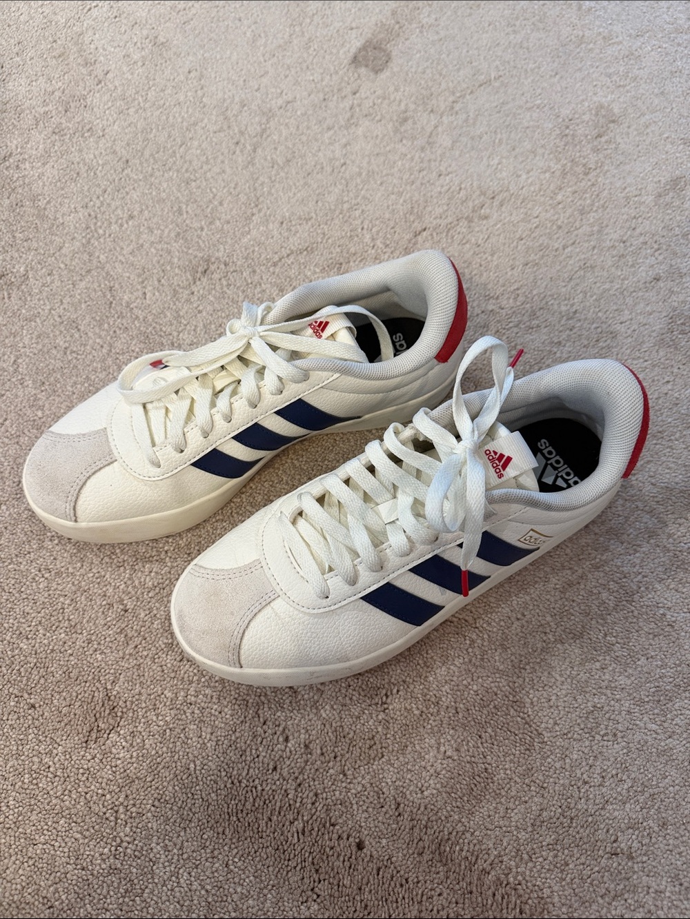adidas White Sneakers with Blue Stripes and Red Heel